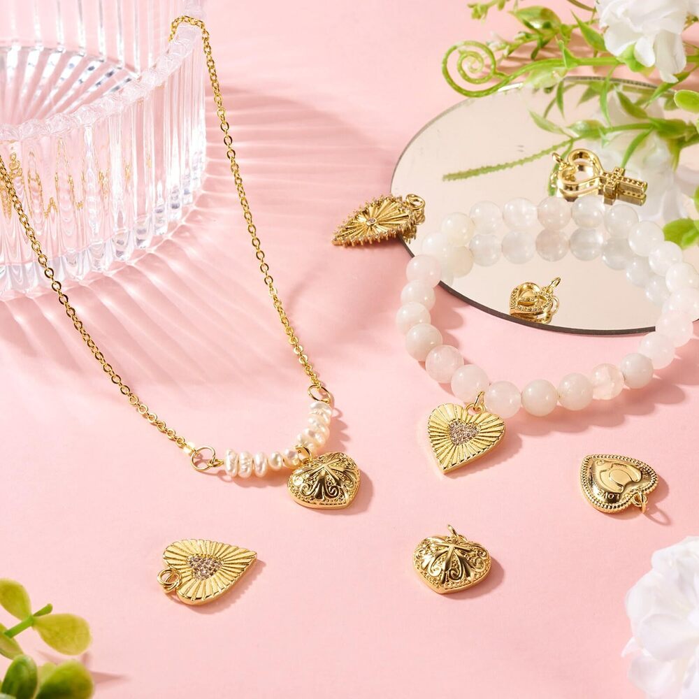 2310 6Pcs Cubic Zirconia Heart Charms 18K Gold Plated Brass Pendants Love - Picture 2 of 7